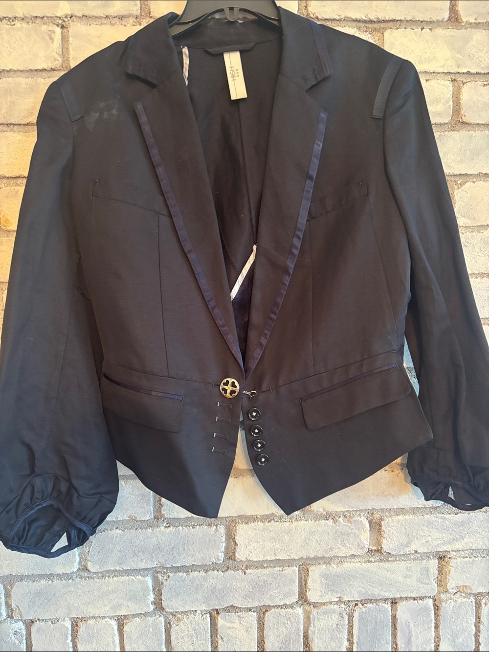 HICH USE Made in Italy Black Designer Blazer – Linen Blend – Satin Trim – Silver